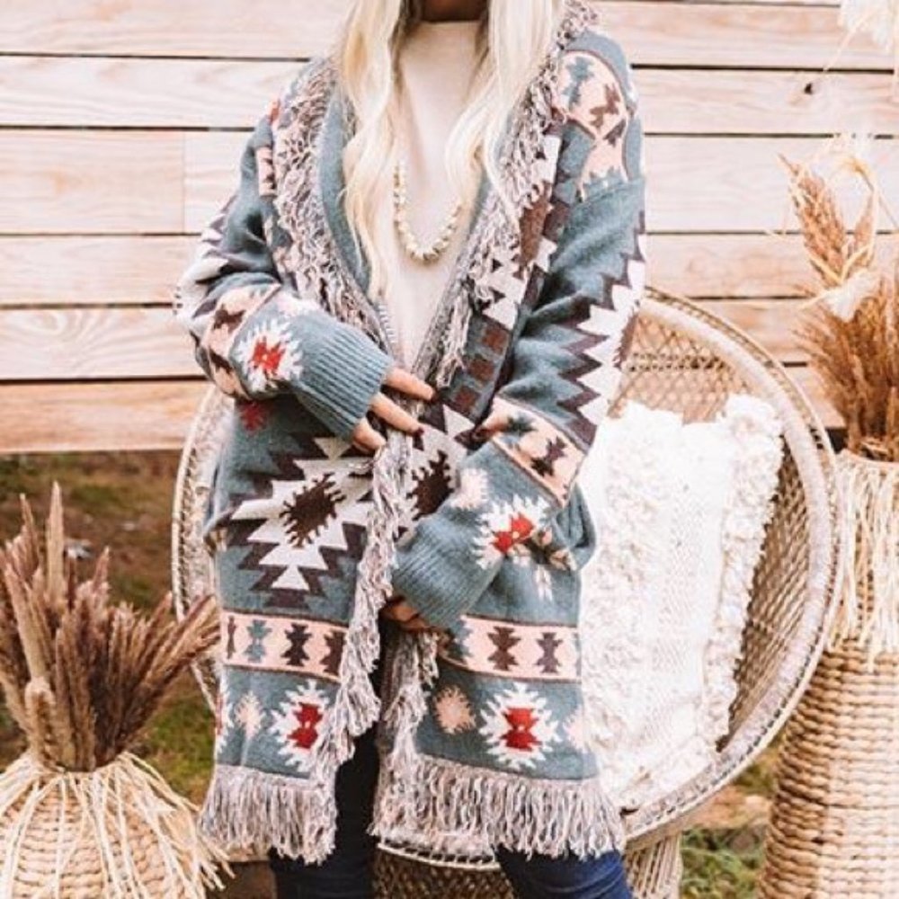 New Cowichan Print Blanket Western Fringe Cardigan Sweater - Picture 8 of 10